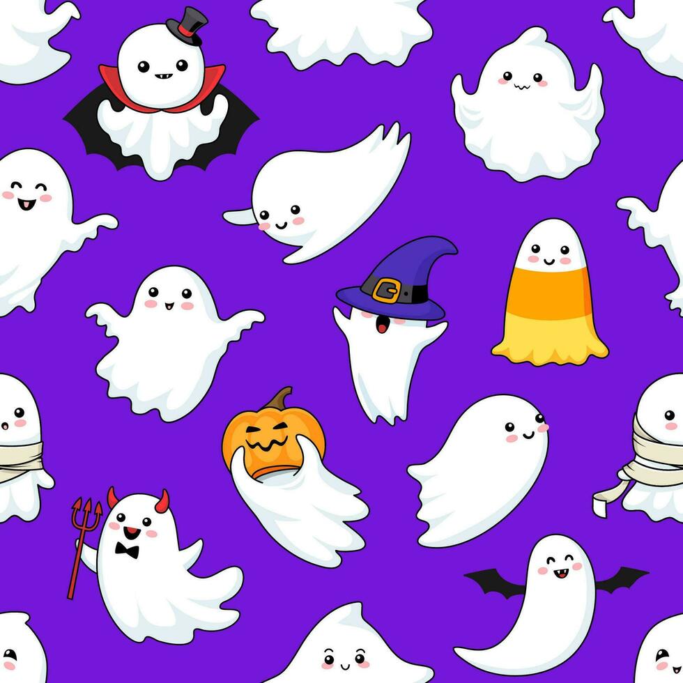 Cartoon funny kawaii Halloween ghosts pattern vector