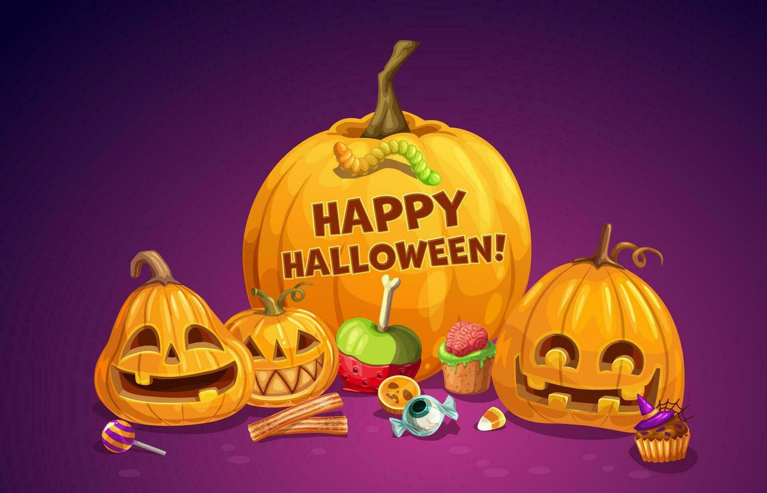 Halloween pumpkins and sweets, horror holiday vector