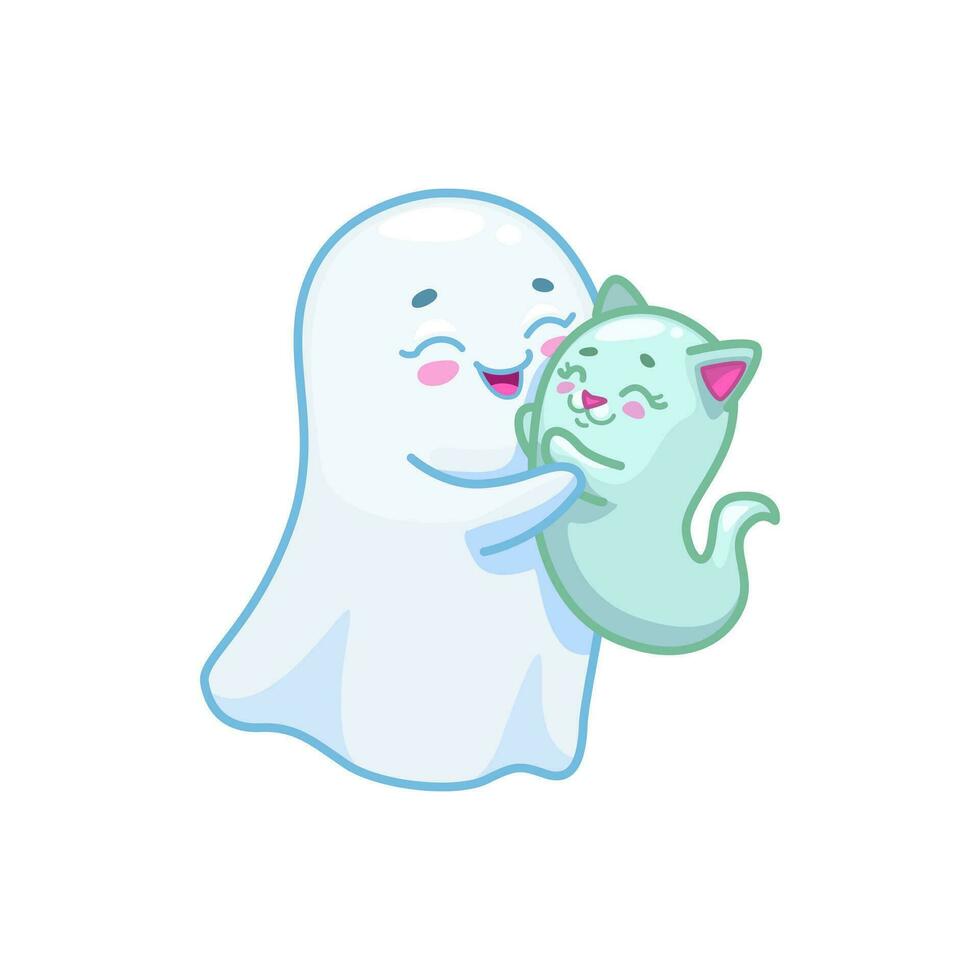 Halloween kawaii ghost with adorable kitten spook vector