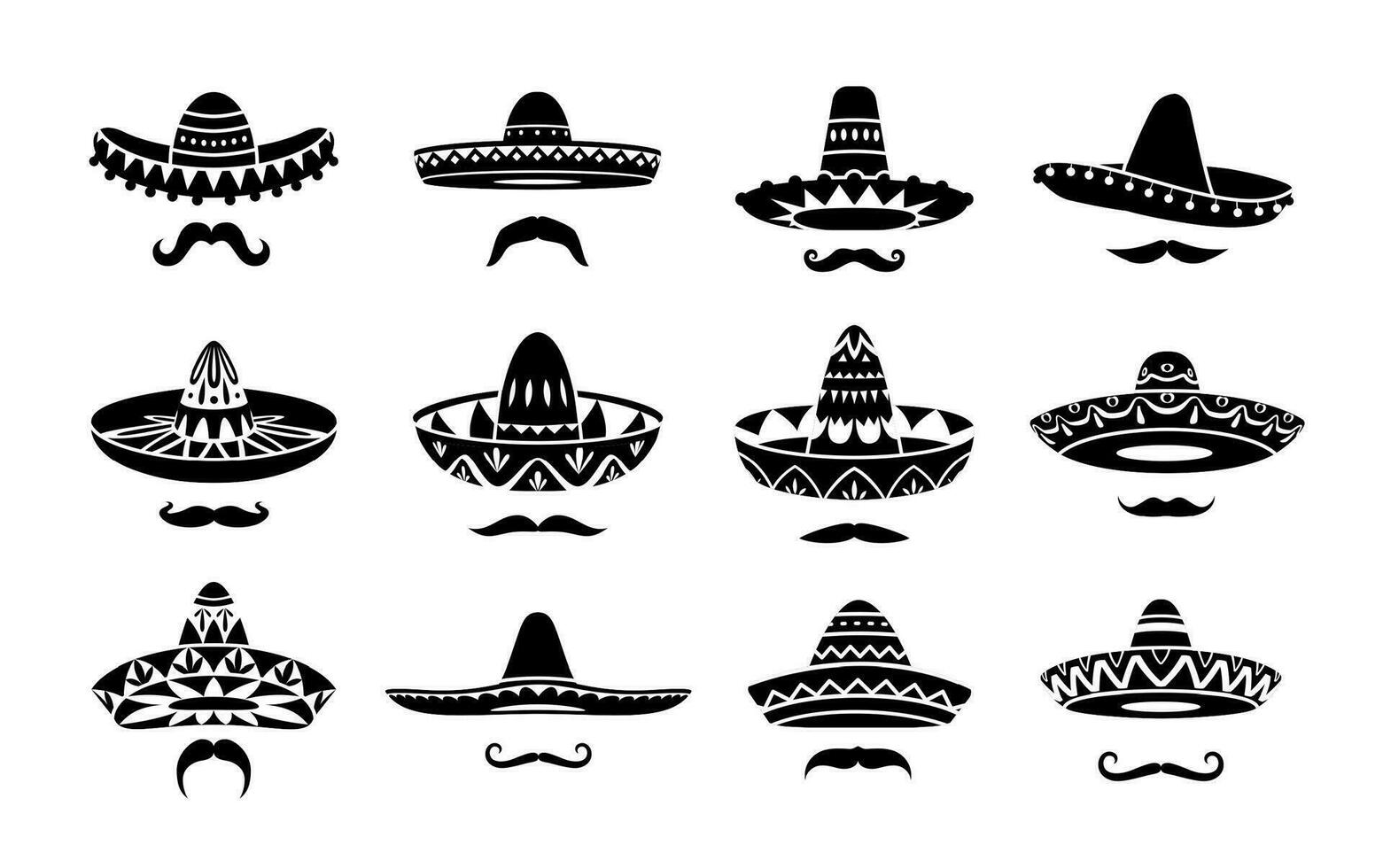 Mexican sombrero hats and moustaches vector icons