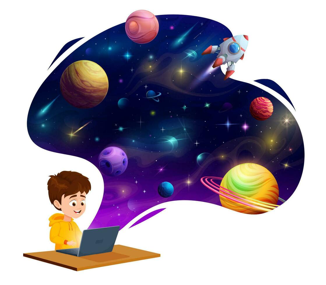 Cartoon boy with laptop dreaming about space vector