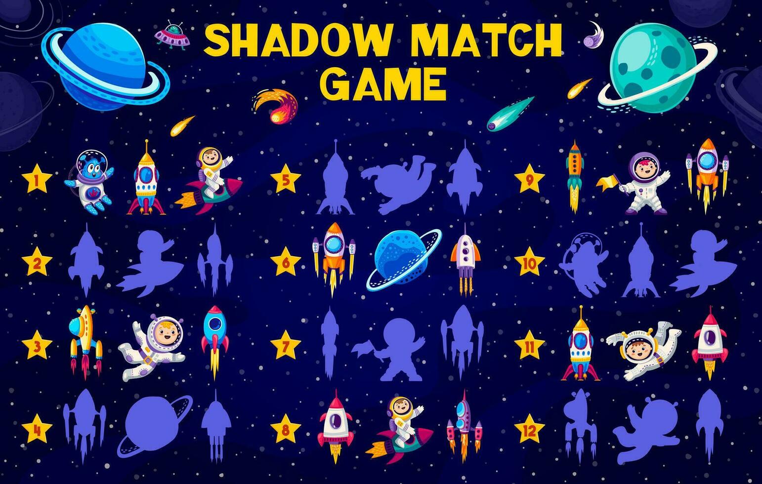 Shadow match game with rocket, astronaut 29694598 Vector Art at