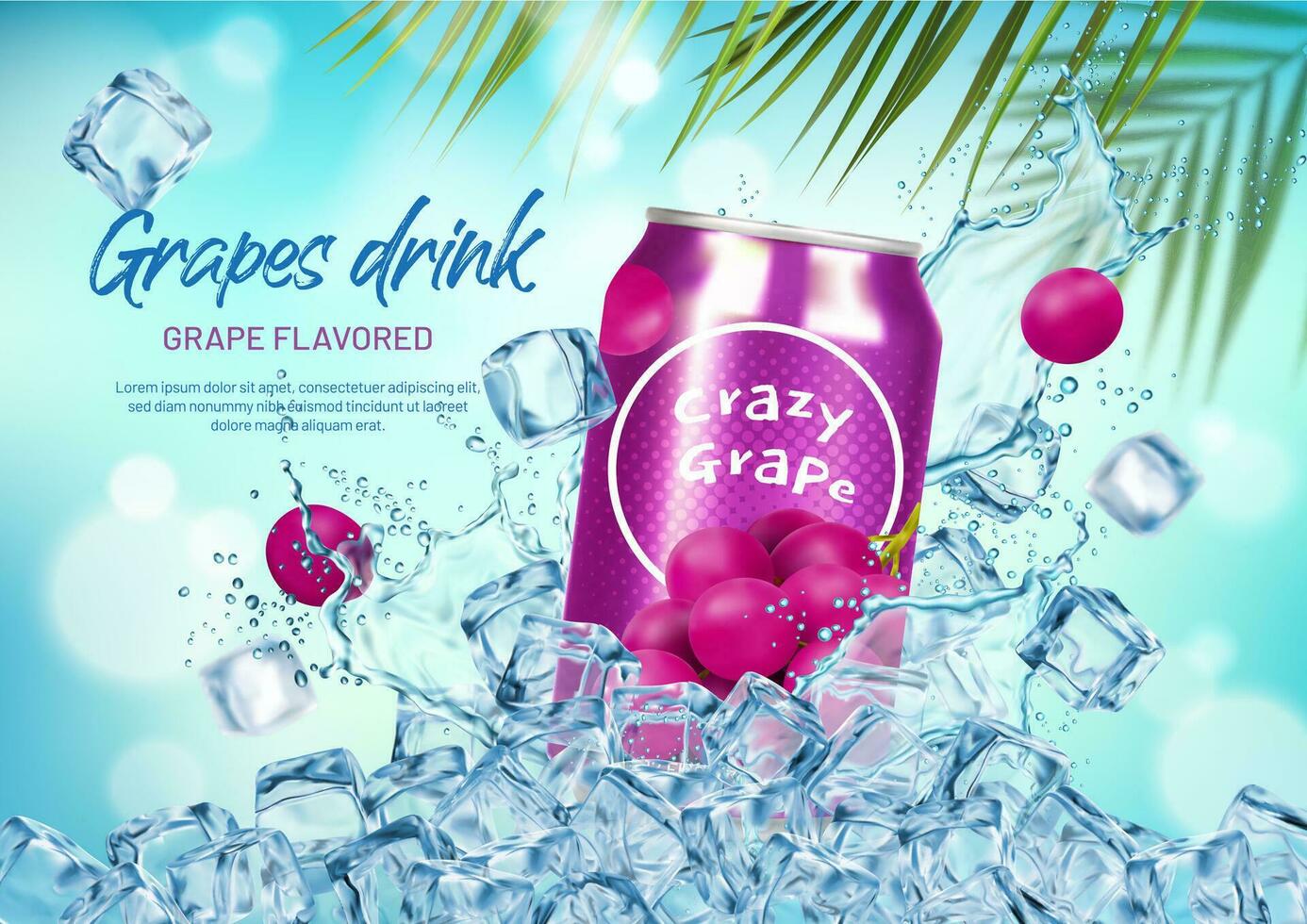 Ice grape drink. Grape berries, palm tree leaves vector