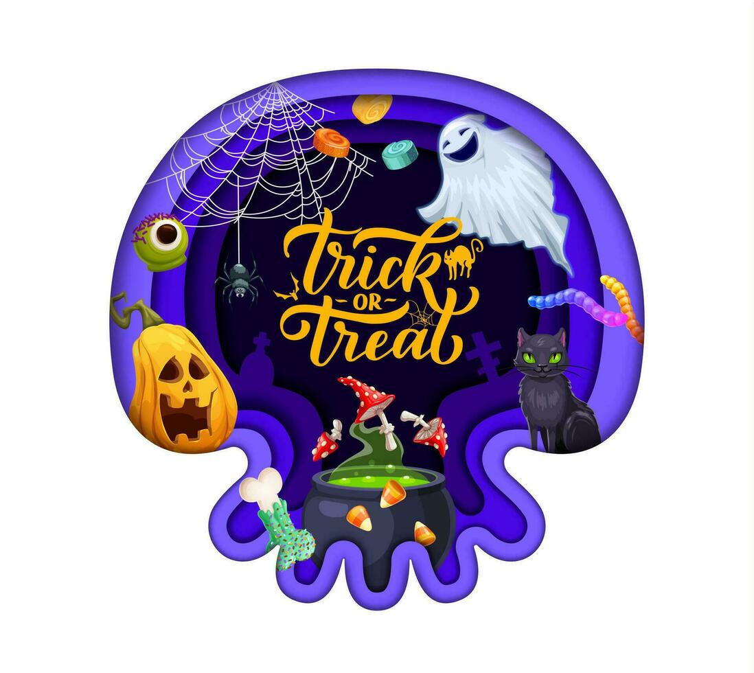 Halloween paper cut banner with skull shape frame vector