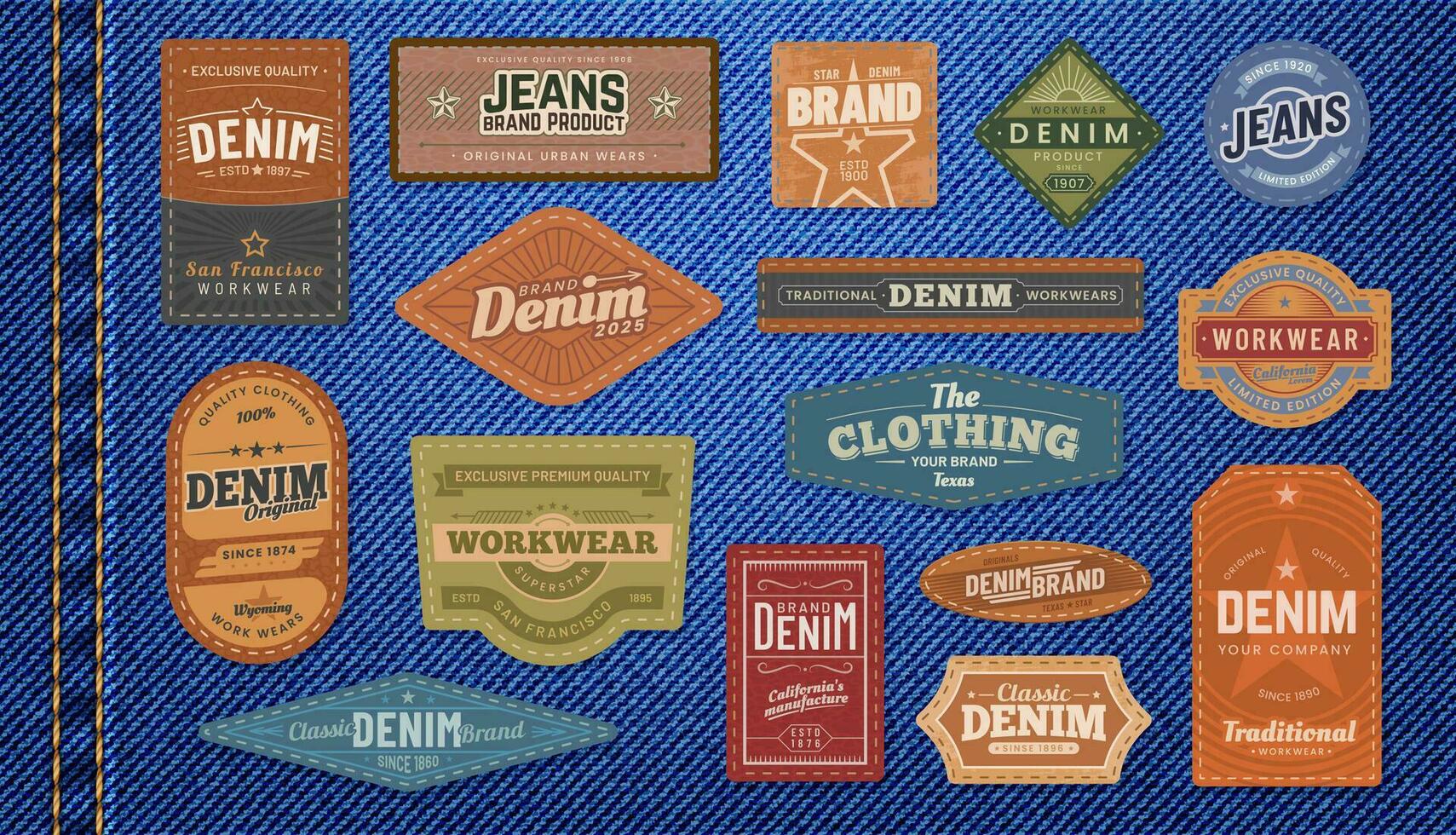 Denim jeans leather patches and labels vector set