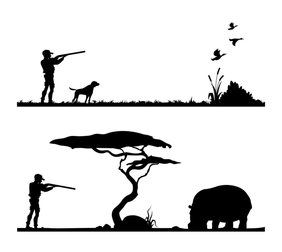 Safari and bird hunting sport hunter silhouettes vector