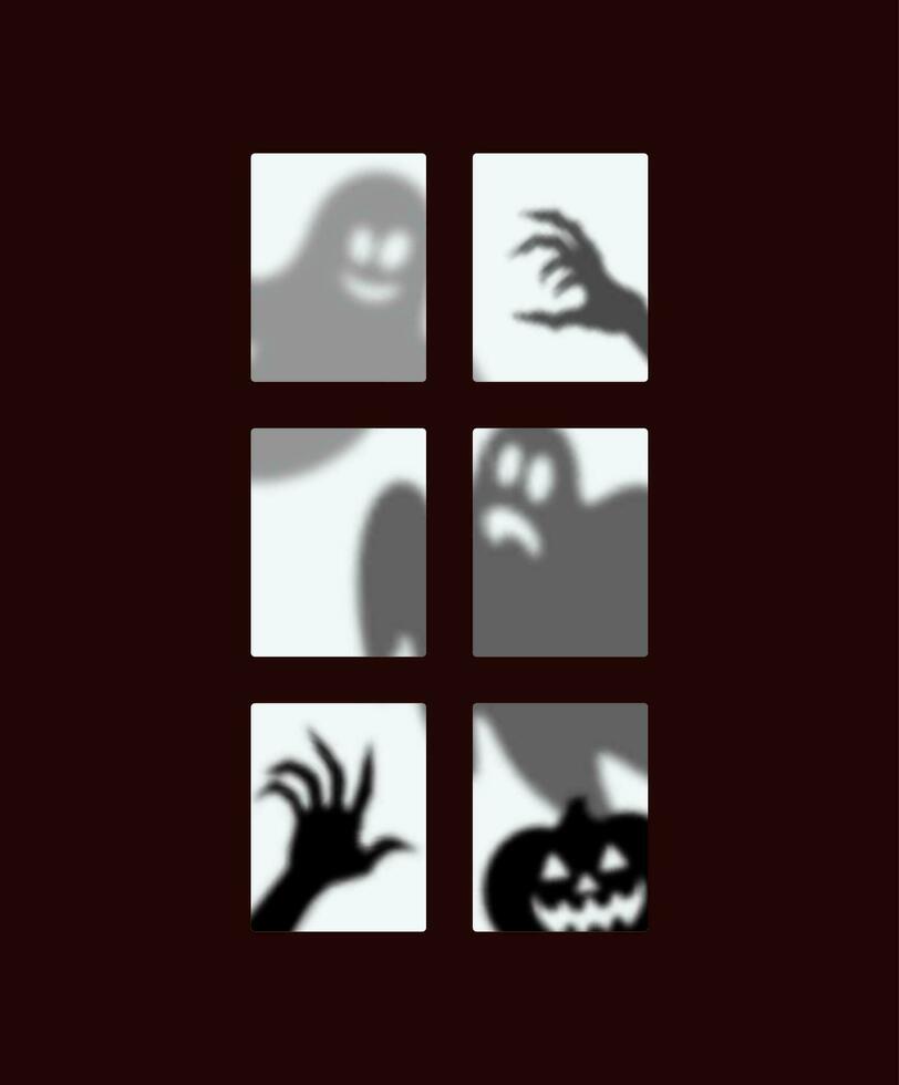 Víspera de Todos los Santos ventana siluetas de fantasmas y calabaza vector