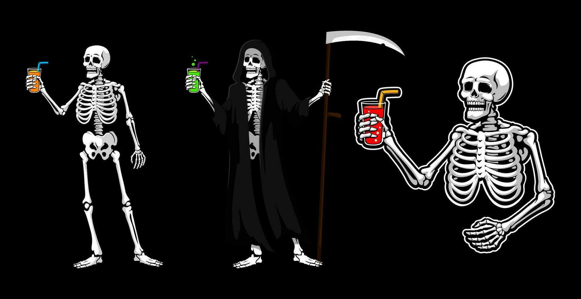 Halloween skeleton and reaper drinking cocktail vector