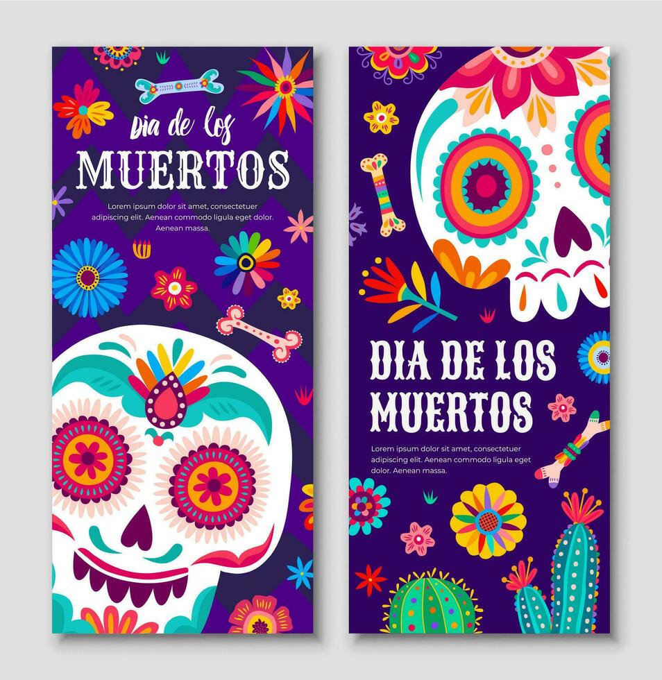 día de muerto azúcar calaveras, mexicano fiesta pancartas vector