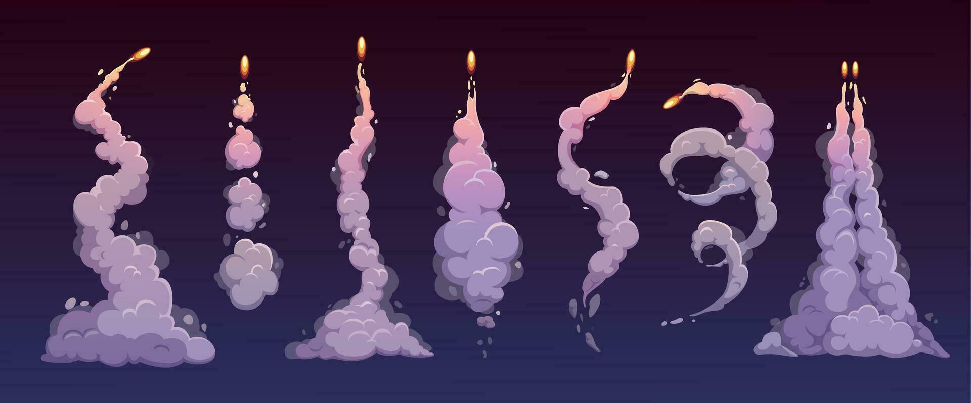 Cartoon rocket smoke trails of spaceship launch vector