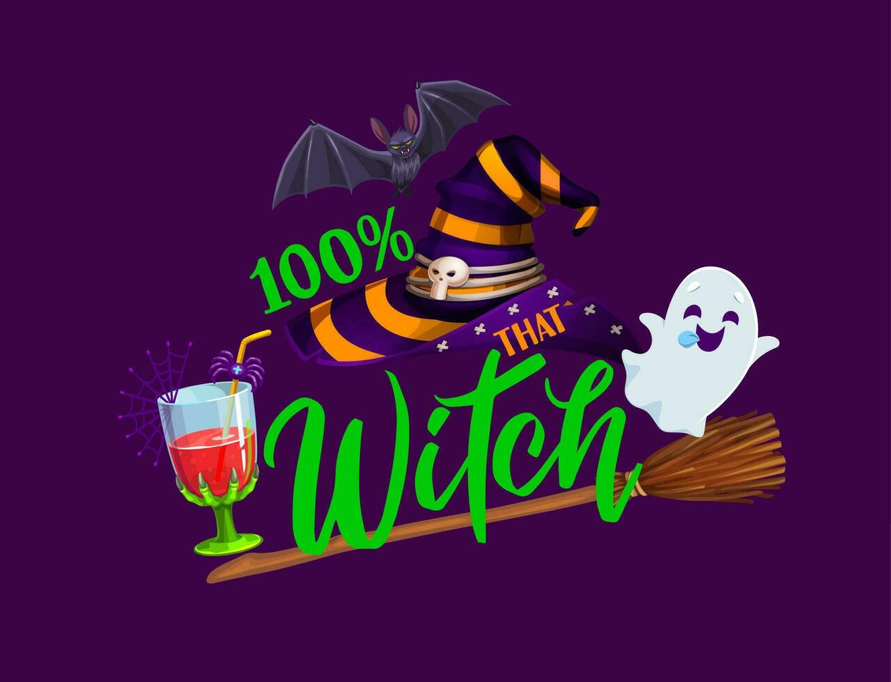 Halloween banner, witch hat, cocktail and ghost vector