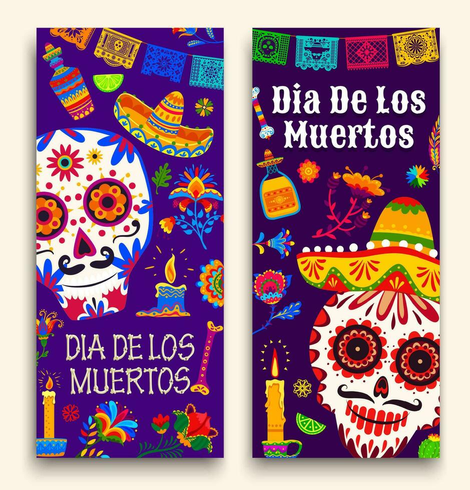 Day of Dead holiday banners, skulls, papel picado vector