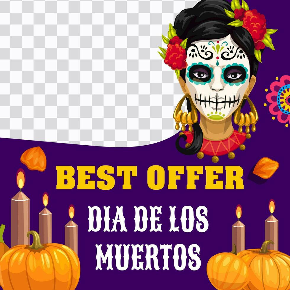 día de muerto catrina calavera, rebaja oferta bandera vector