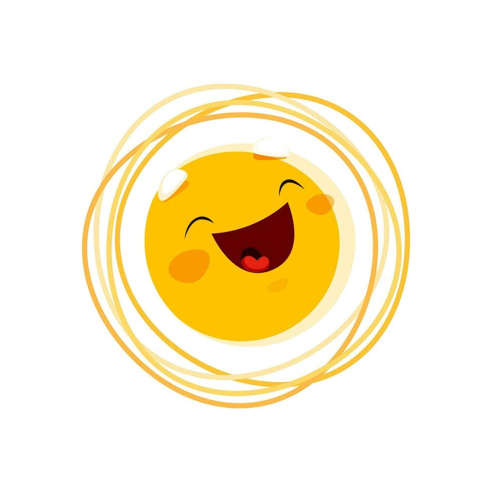 Cartoon laughing sun character, positive emoticon vector