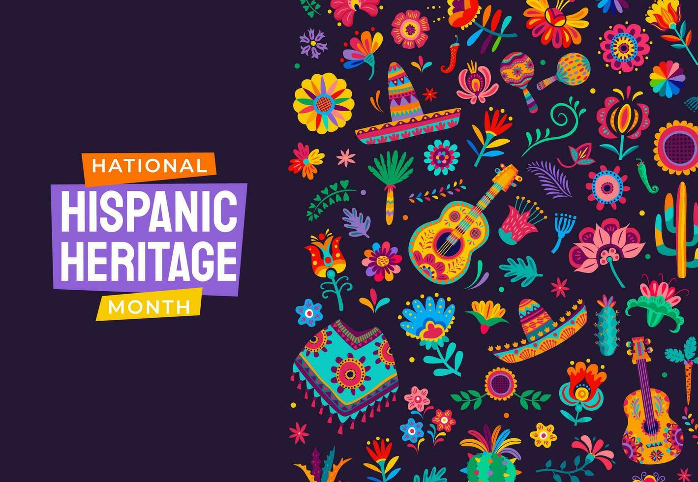 Sombrero, guitar, poncho, Hispanic heritage month vector