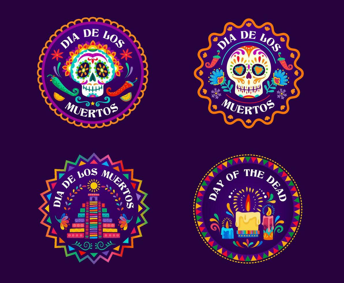 Day of Dead mexican holiday circle labels, banners vector