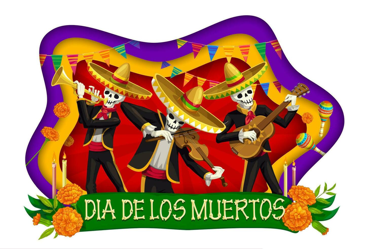 Dia de Los Muertos paper cut, mariachi skeletons vector