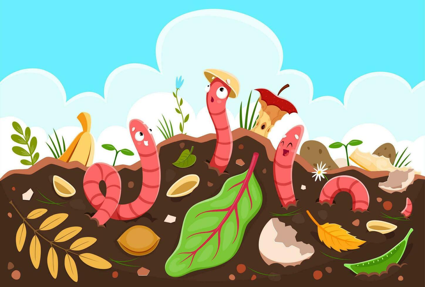 Funny cartoon earth worms in compost soil ground vector