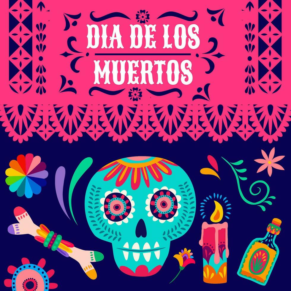 Day of Dead mexican holiday skull, candle, tequila vector