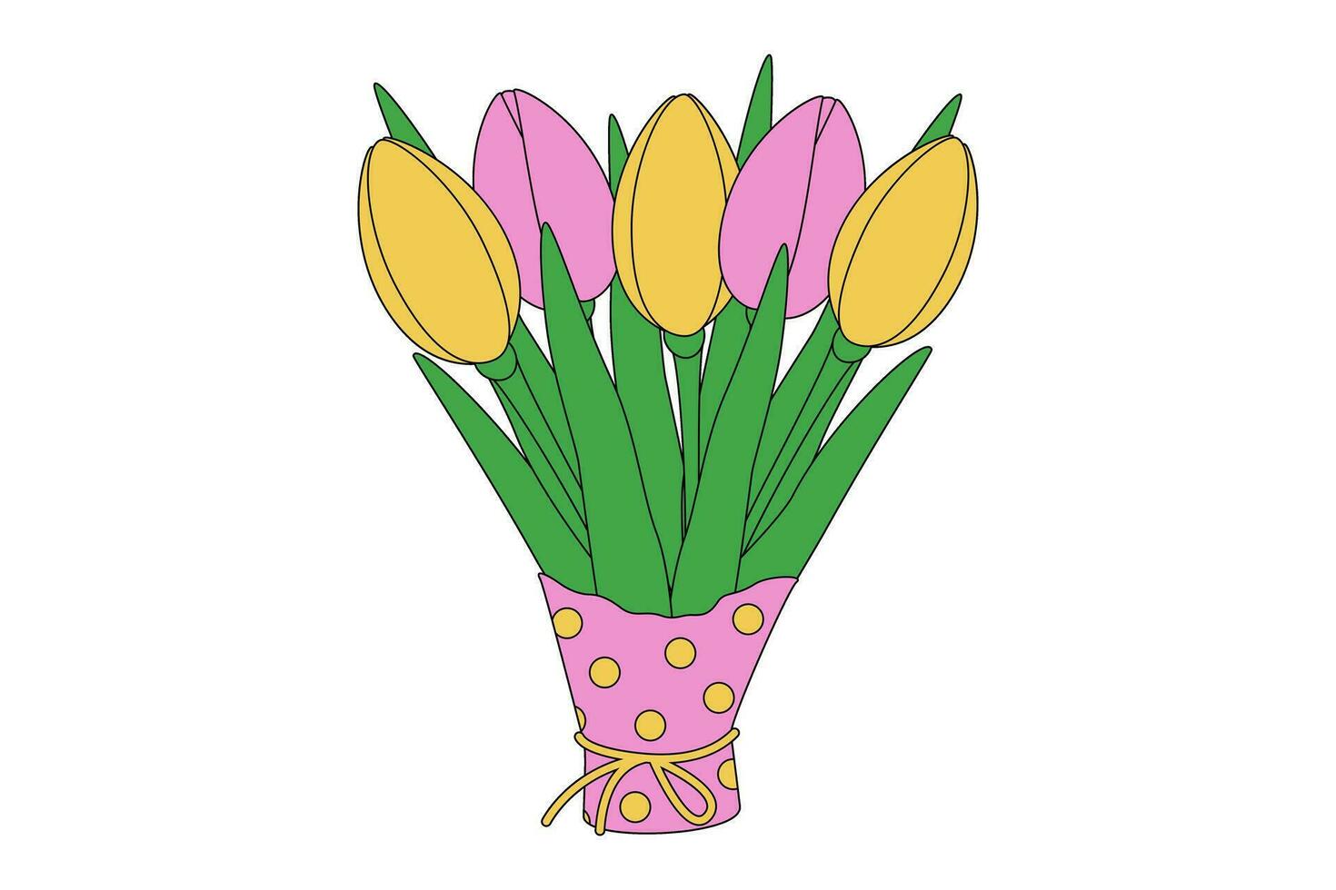 Spring colorful bouquet of tulips in wrapping paper in trendy shade of soft pink and yellow. Isolate vector
