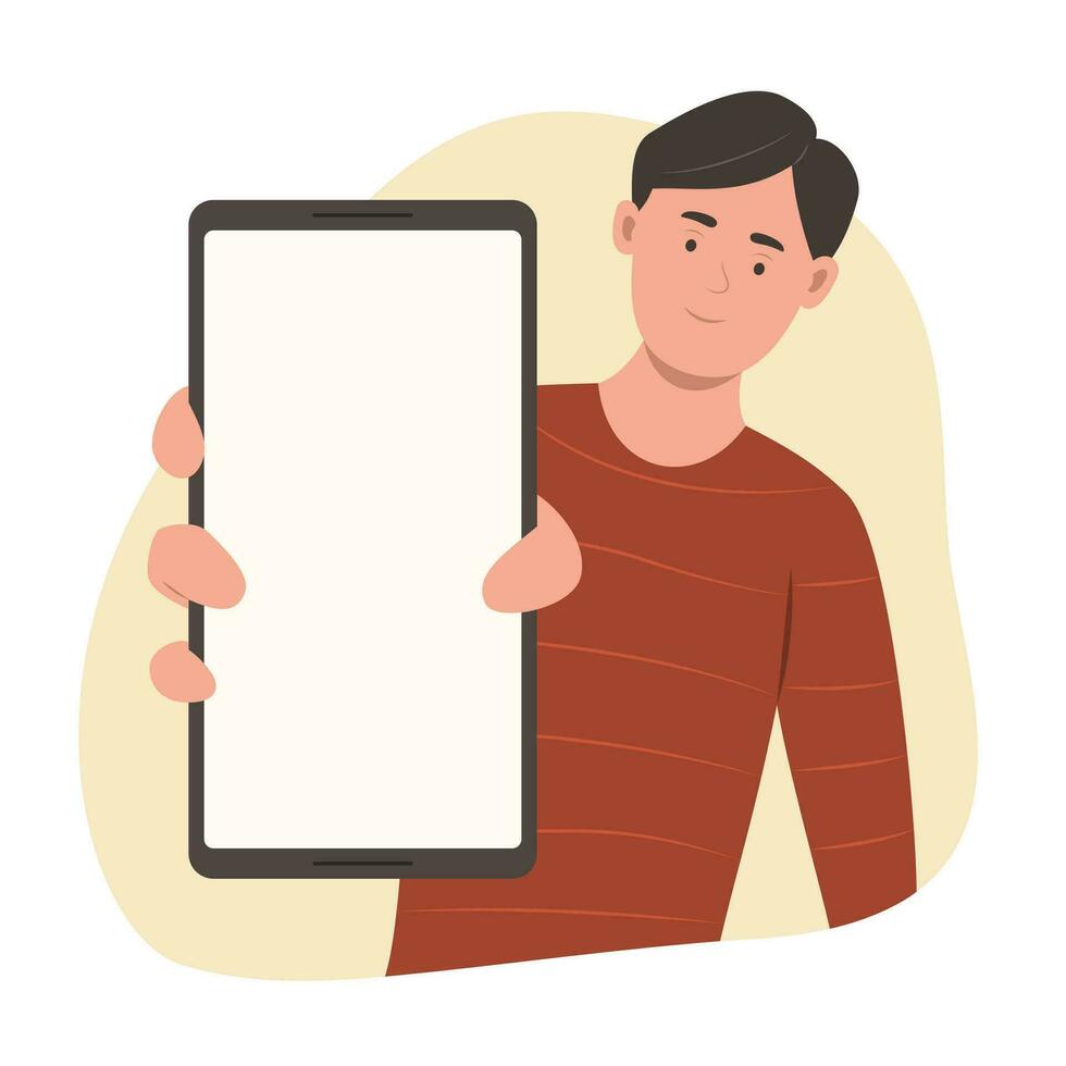 joven hombre participación móvil teléfono con blanco pantalla para Copiar espacio concepto ilustración vector