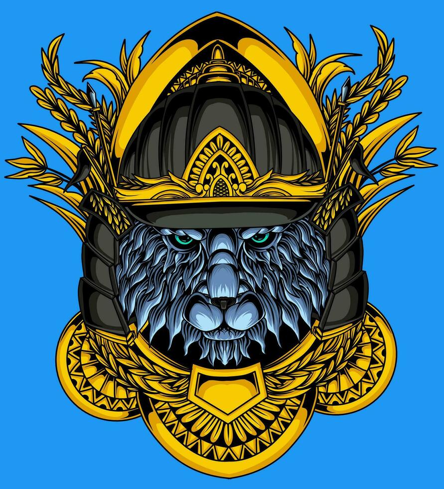 illustration of a colorful samurai wolf head with a plant frame vector