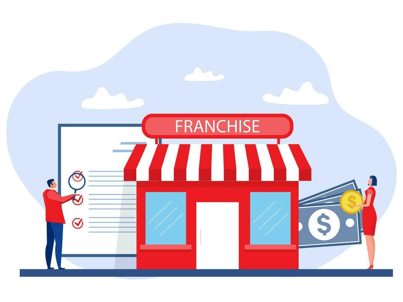 empresario franquicia Tienda invertir márketing promoción franquicia negocio concepto vector