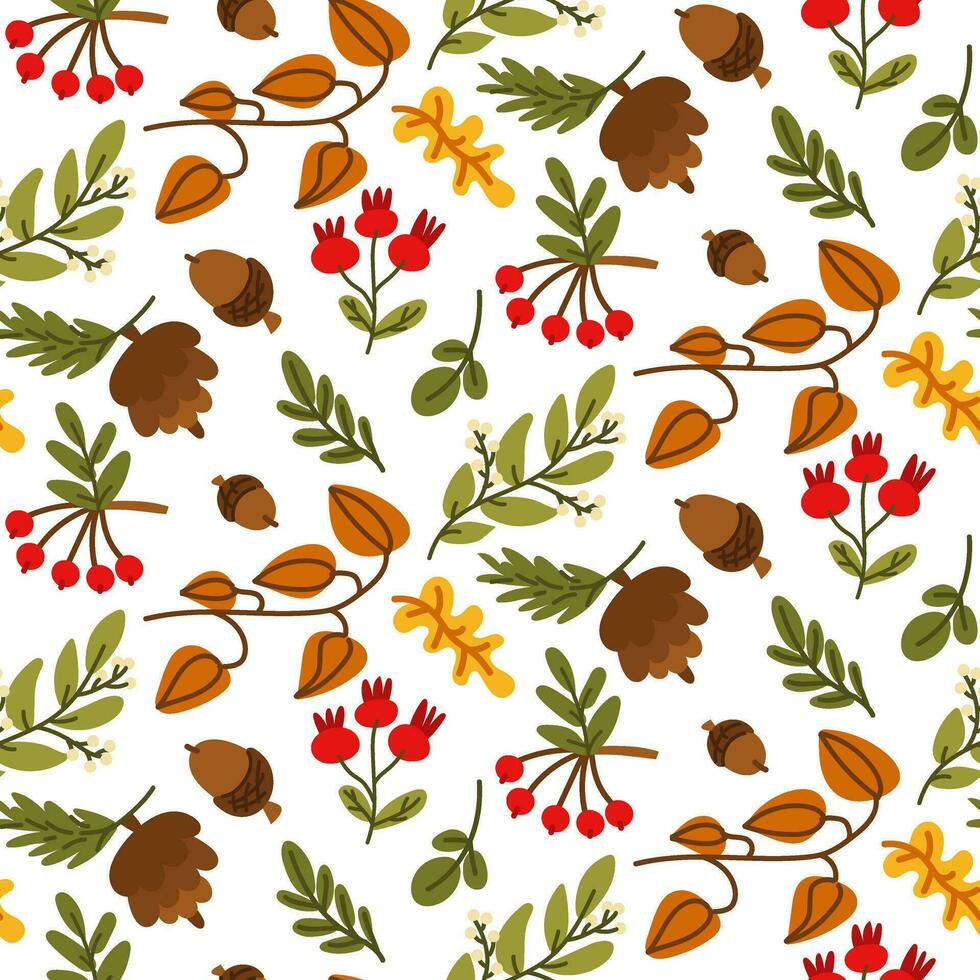 Autumn seamless vector drawing with leaves, berries, fir cones, cranberries, berries and acorns. Flat forest botanical background. Colorful autumn seasonal decor. Oak, maple, chestnut leaf drawing