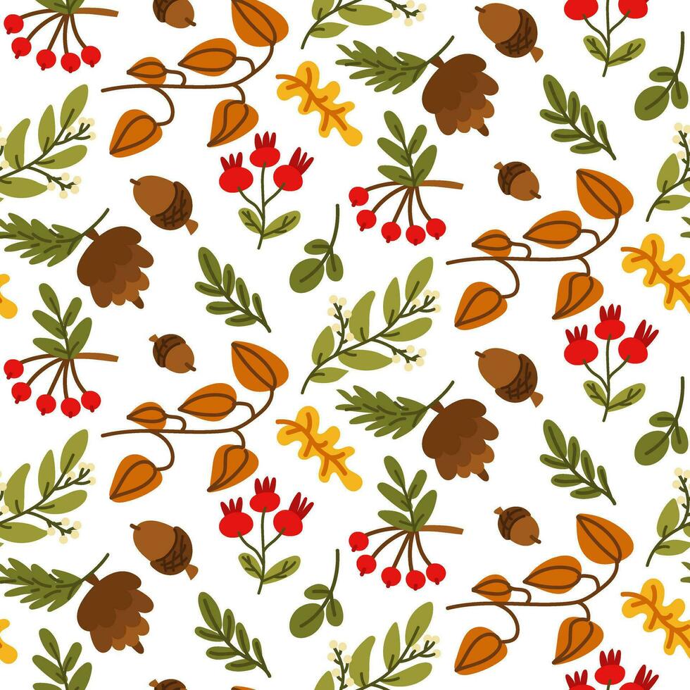 Autumn seamless vector drawing with leaves, berries, fir cones, cranberries, berries and acorns. Flat forest botanical background. Colorful autumn seasonal decor. Oak, maple, chestnut leaf drawing