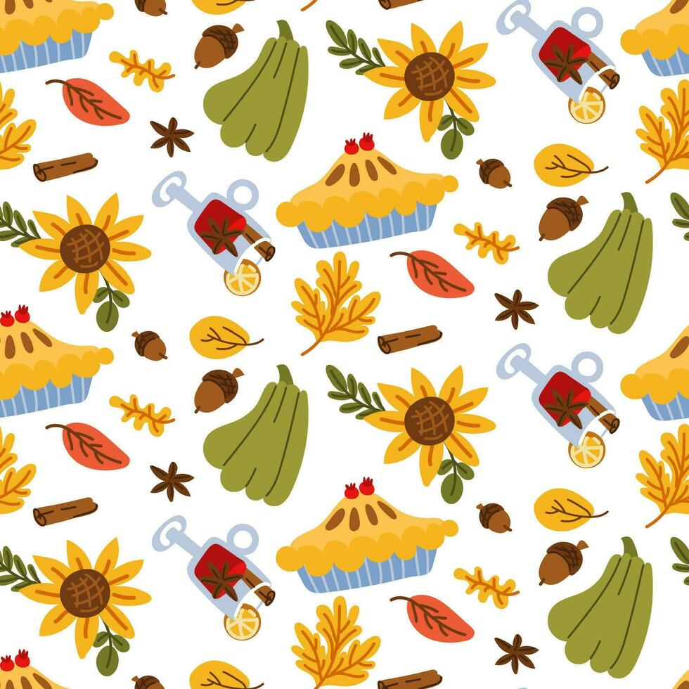 Seamless Happy Thanksgiving pattern with festive elements in a flat style. Hand-drawn background with pumpkin, mulled wine, sunflower, pie, acorn, leaves. Vector illustration for design, wrapping