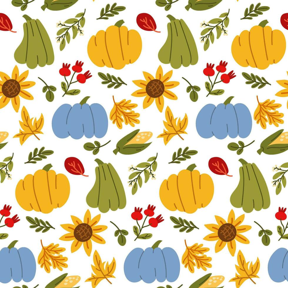 Seamless Happy Thanksgiving pattern with festive elements in a flat style. Hand-drawn background with pumpkins, corn, sunflower and harvest, leaves. Vector illustration for design, fabric or wrapping