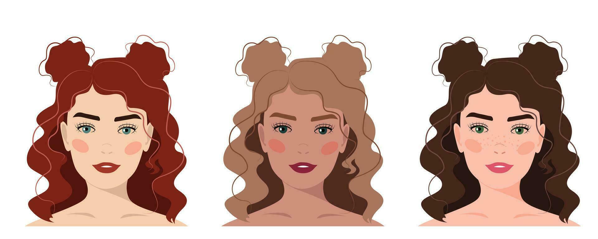 Set of portraits of women with updo hair. Diversity of skin colors. Vector illustration. Avatar for a social network. Vector flat illustration, web, design, beauty, make up and social media.