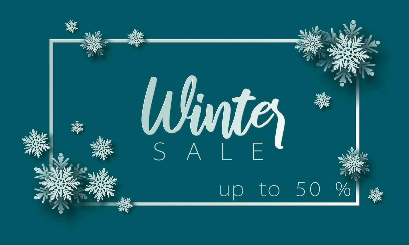 Winter sale banner with paper cut snowflakes. Christmas design 3D illustration on teal colored background for presentation, banner, cover, web, flyer, card, sale, poster, slide and social media. vector
