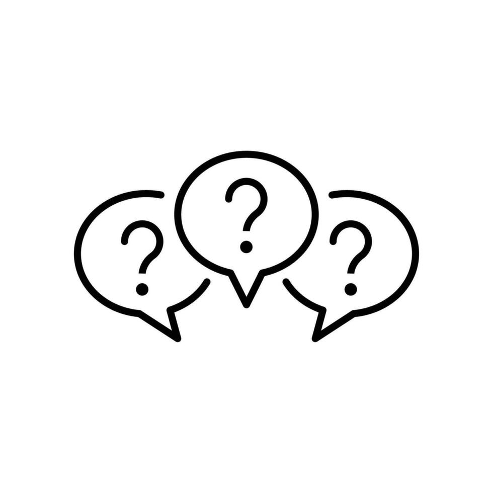 Three linear chat speech message icon. Speak bubble in forum discussion chatting. Group social communication with question mark in circle. Line Vector illustration. Design on white background. EPS 10