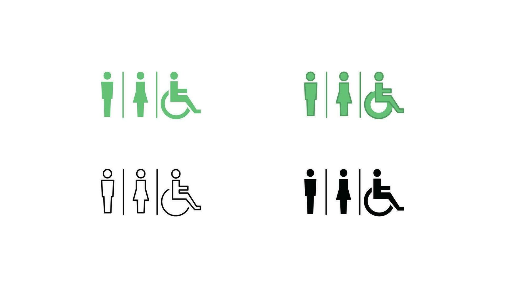 Toilet signage set. Outdoor sign of public toilet or restroom access for men, women and disabled. Toilet, bathroom, wc icon. Vector illustration. Design on white background. EPS 10.