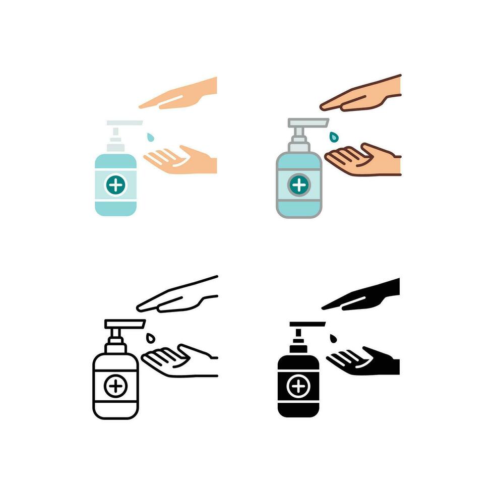 Clean your hands by pressing antiseptic bottle pump for hygiene and disinfection. Hand press sanitizer alcohol disinfection and washing icon. Vector illustration. Design on white background. EPS 10.