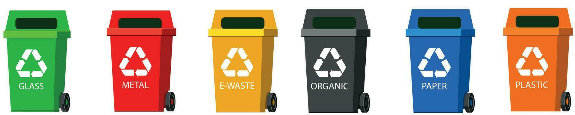 Trash can icon collection. Bin icon set. Separation concept. Plastic containers for garbage of different types. Waste management. Vector illustration