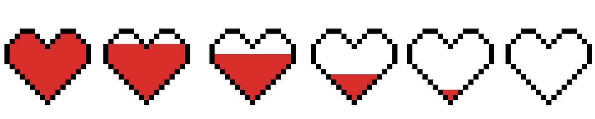 Pixel heart collection. Pixel heart icon, pixel hearts for game. Red hearts of life, game life symbol. Indicators of health, game progress bars. Vector