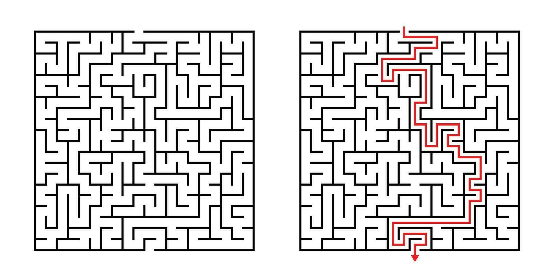 Vector Square Maze - Labyrinth with Included Solution in Black Red. Funny Educational Mind Game for Coordination, Problems Solving, Decision Making Skills Test.