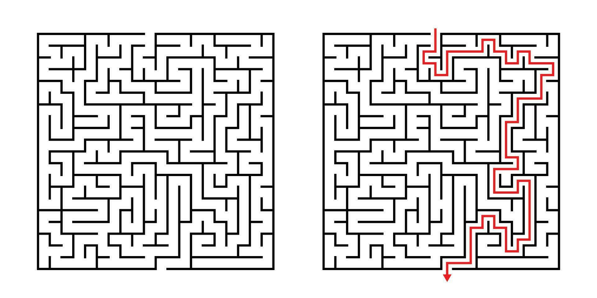 Vector Square Maze - Labyrinth with Included Solution in Black Red. Funny Educational Mind Game for Coordination, Problems Solving, Decision Making Skills Test.