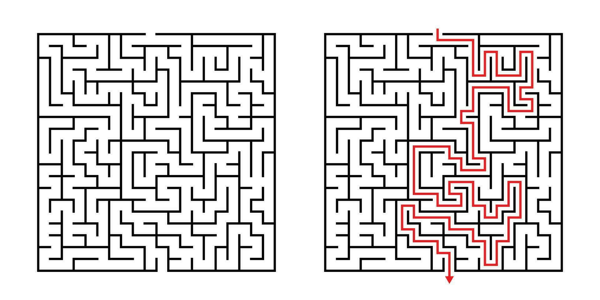 Vector Square Maze - Labyrinth with Included Solution in Black Red. Funny Educational Mind Game for Coordination, Problems Solving, Decision Making Skills Test.