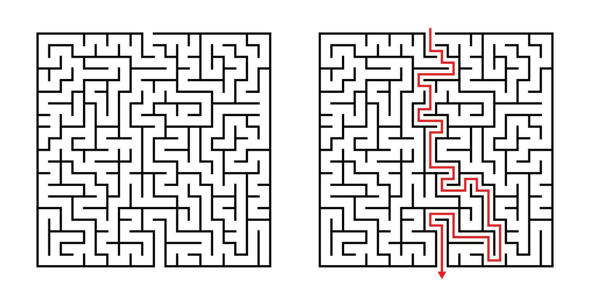 Vector Square Maze - Labyrinth with Included Solution in Black Red. Funny Educational Mind Game for Coordination, Problems Solving, Decision Making Skills Test.