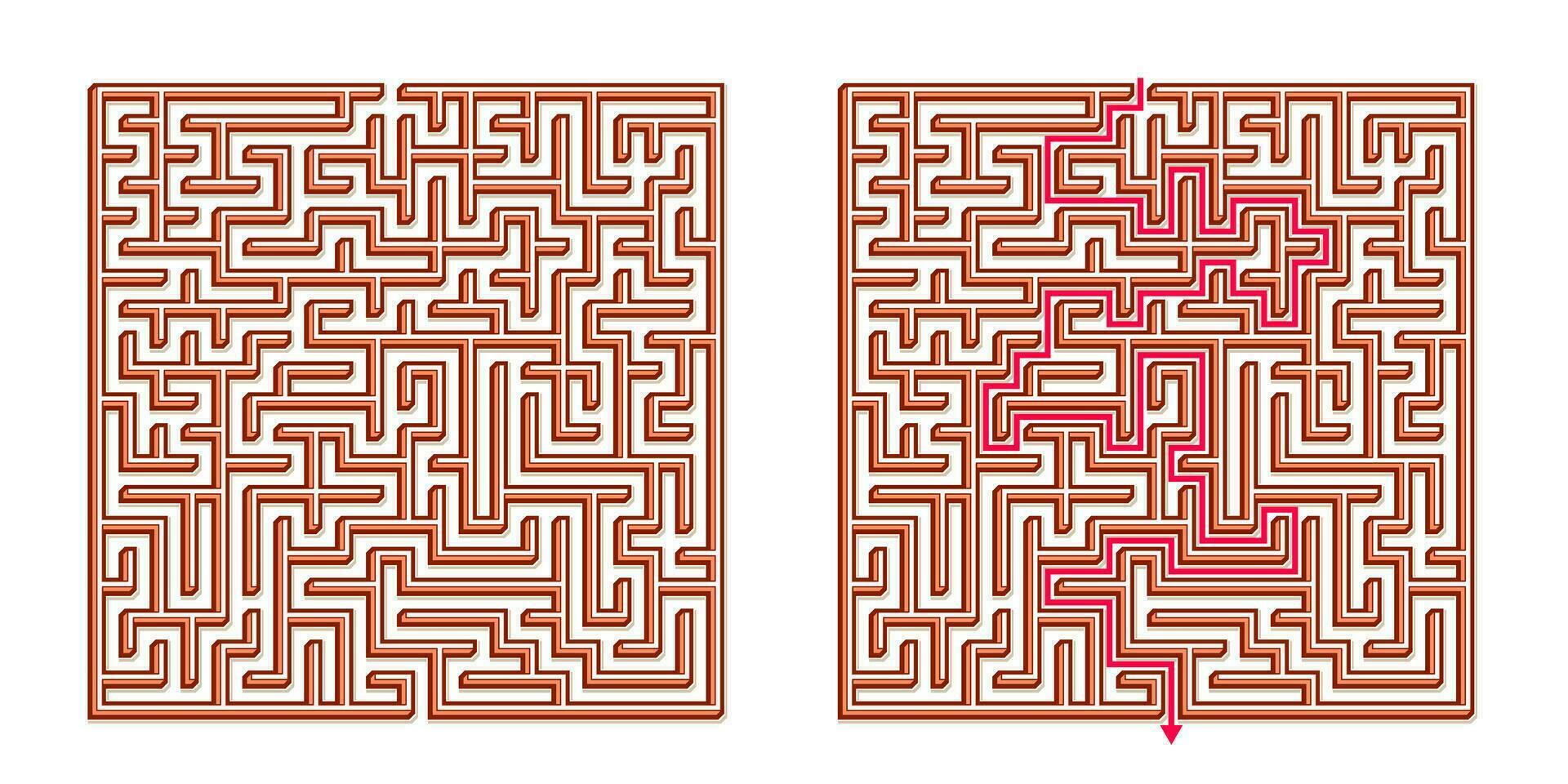 Vector 3D Isometric Easy Square Maze - Labyrinth with Included Solution. Funny Educational Mind Game for Coordination, Problems Solving, Decision Making Skills Test.