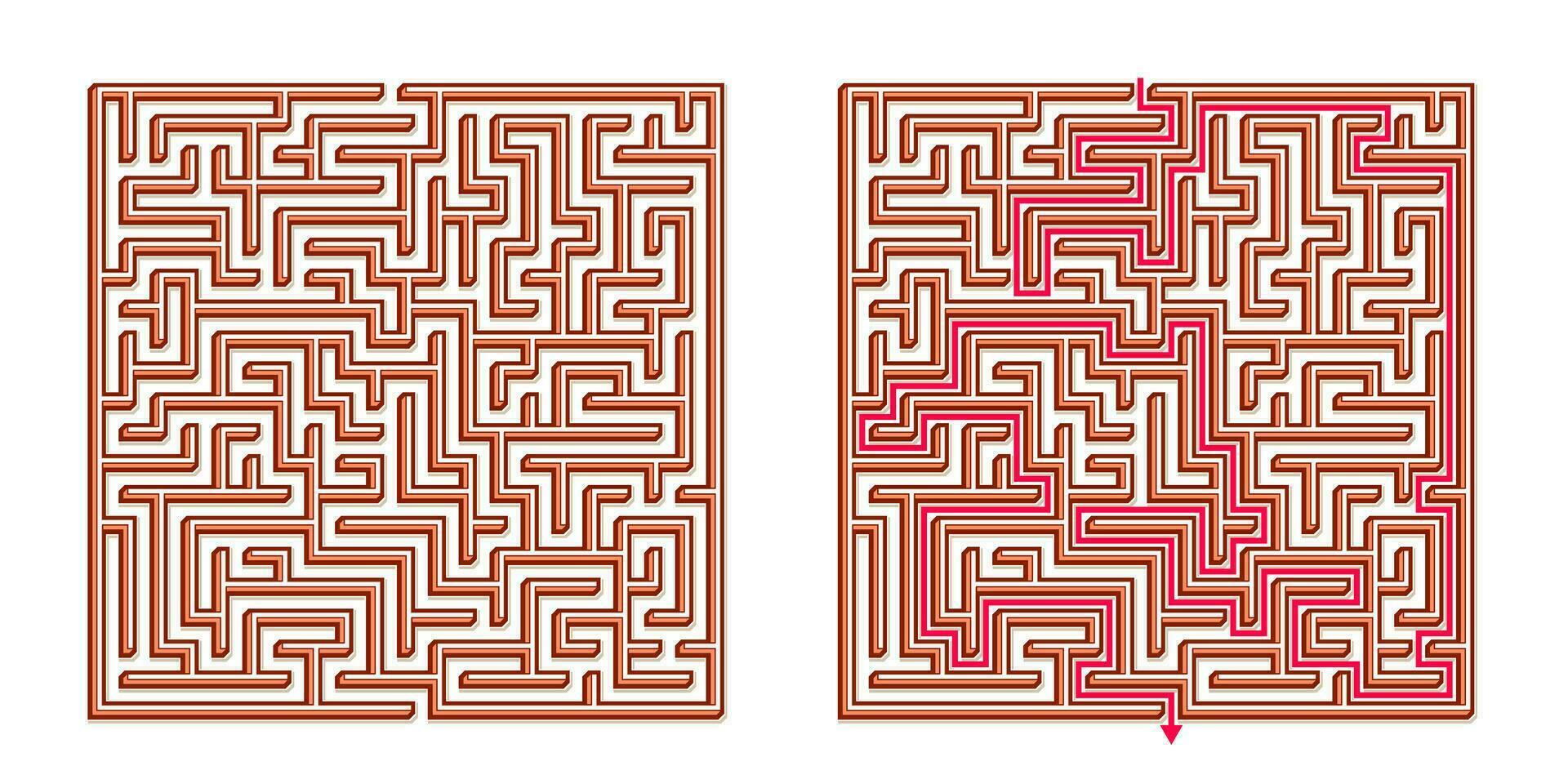 Vector 3D Isometric Easy Square Maze - Labyrinth with Included Solution. Funny Educational Mind Game for Coordination, Problems Solving, Decision Making Skills Test.