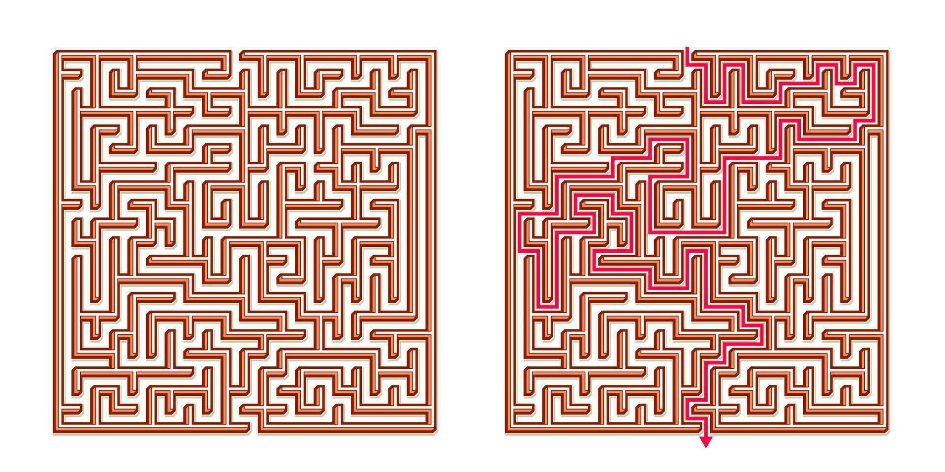 Vector 3D Isometric Easy Square Maze - Labyrinth with Included Solution. Funny Educational Mind Game for Coordination, Problems Solving, Decision Making Skills Test.