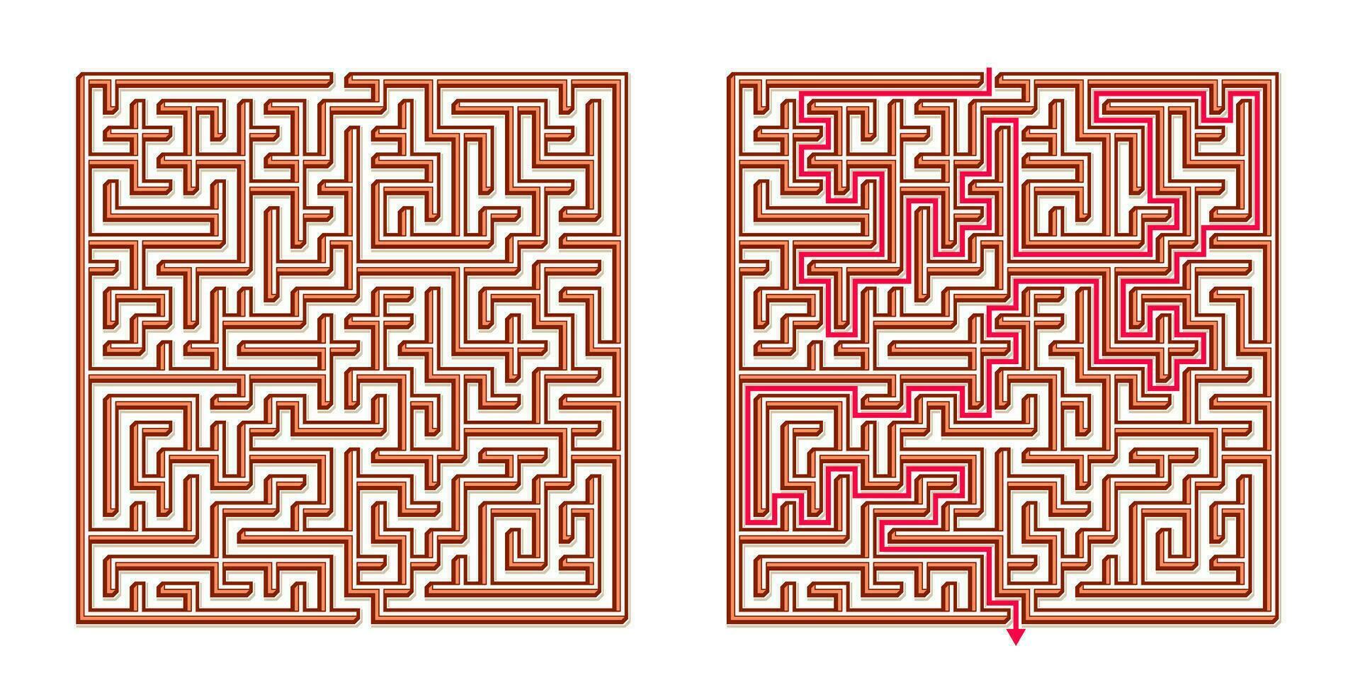 Vector 3D Isometric Easy Square Maze - Labyrinth with Included Solution. Funny Educational Mind Game for Coordination, Problems Solving, Decision Making Skills Test.