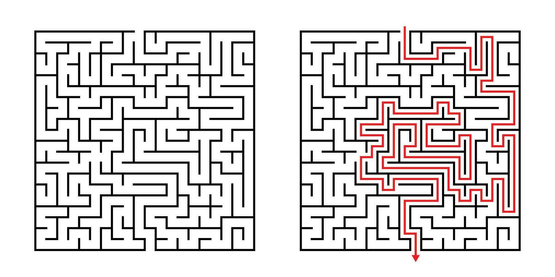 Vector Square Maze - Labyrinth with Included Solution in Black Red. Funny Educational Mind Game for Coordination, Problems Solving, Decision Making Skills Test.