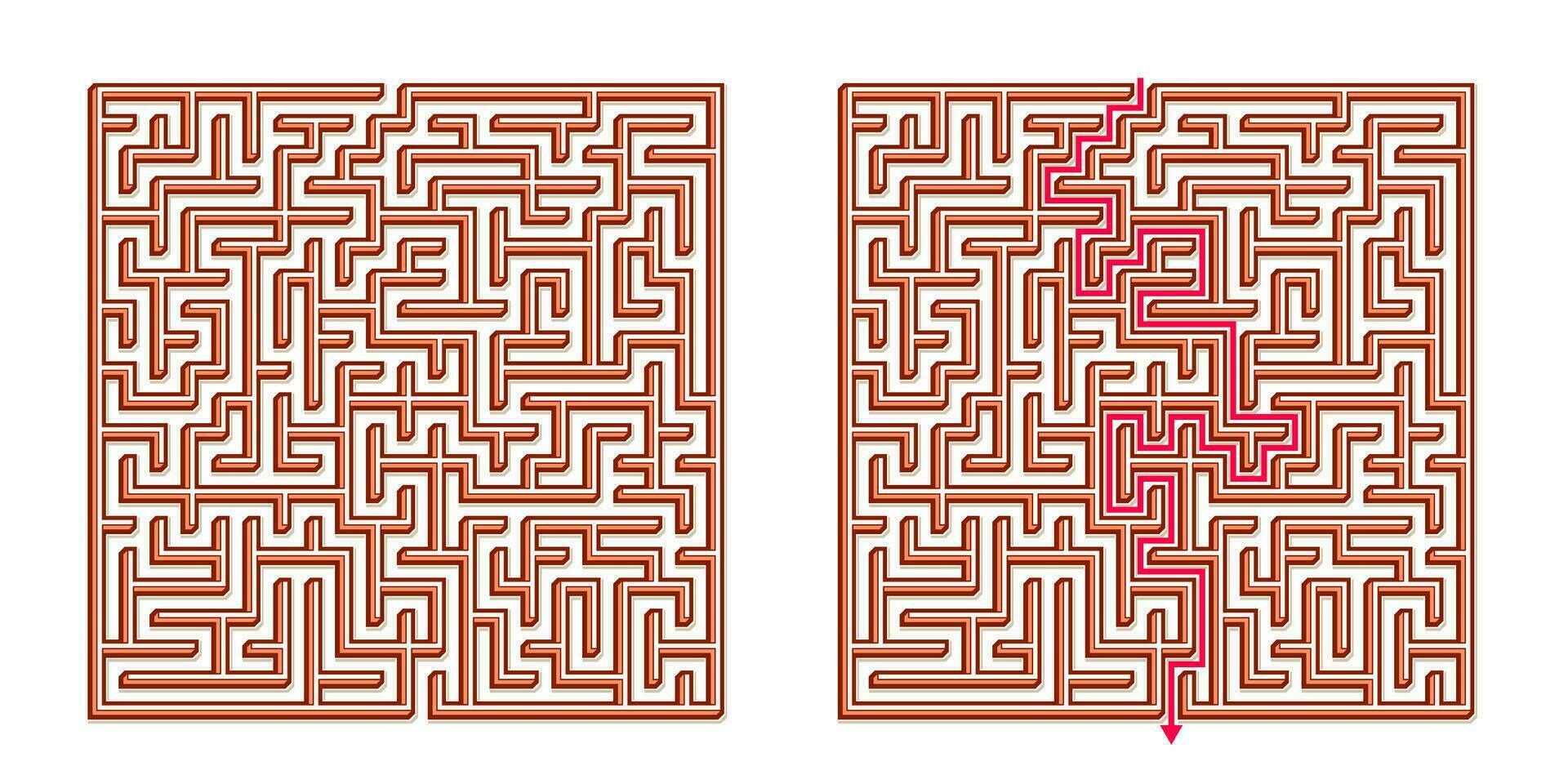 Vector 3D Isometric Easy Square Maze - Labyrinth with Included Solution. Funny Educational Mind Game for Coordination, Problems Solving, Decision Making Skills Test.