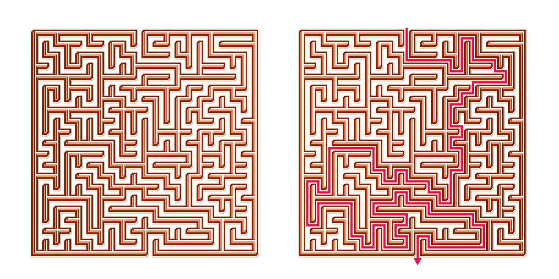 Vector 3D Isometric Easy Square Maze - Labyrinth with Included Solution. Funny Educational Mind Game for Coordination, Problems Solving, Decision Making Skills Test.