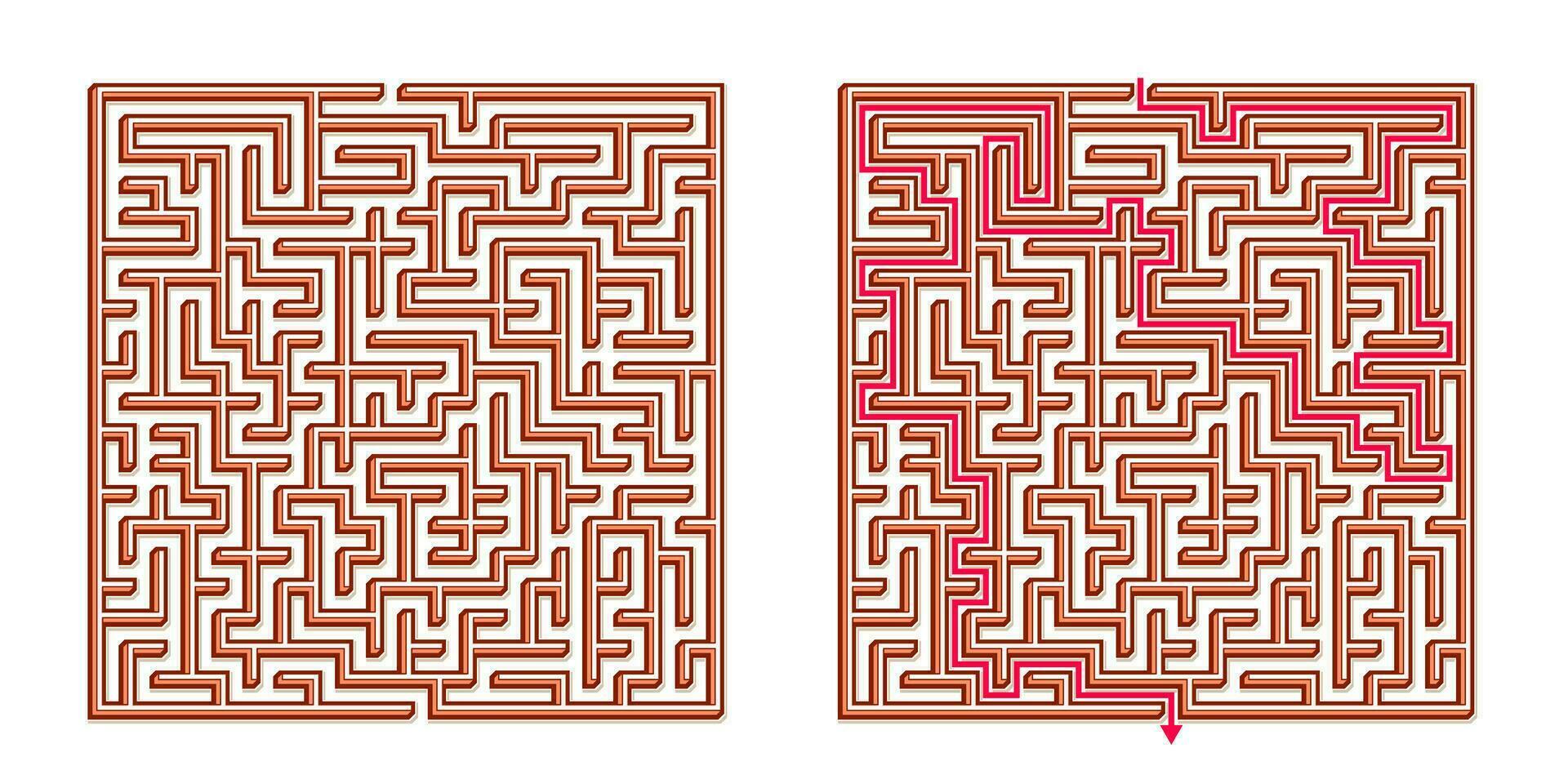 Vector 3D Isometric Easy Square Maze - Labyrinth with Included Solution. Funny Educational Mind Game for Coordination, Problems Solving, Decision Making Skills Test.